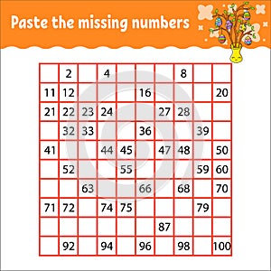 Paste the missing numbers from 1 to 100. Handwriting practice. Learning numbers for kids. Education developing worksheet. Game for