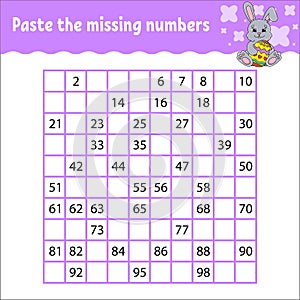 Paste the missing numbers from 1 to 100. Handwriting practice. Learning numbers for kids. Education developing worksheet. Game for