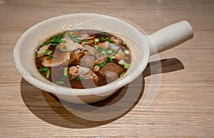 Paste of rice flour with pork, tofu, Chinese roll noodle soup in