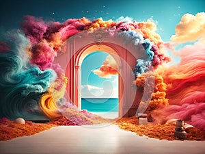 Pastel abstract background with colorful door to another universe