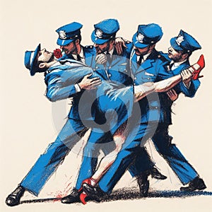 Pastel artwork depicting four police officers carrying away a non-compliant man