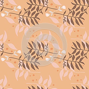 Pastel autumn forest bouquet seamless pattern. Branches with leaves in brown and pink soft tones on orange background