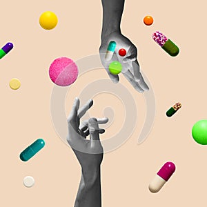 Pastel background. The abstract hand and falling tablets and pills. Artwork or creative collage with isolated elements.