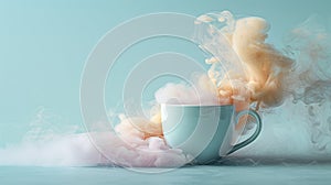 Pastel background, blue cup with pink steam on a blue background.