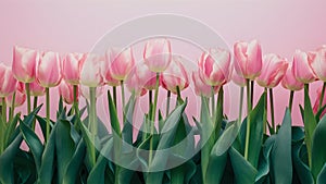 Pastel background complements pink tulips in greenhouse setting