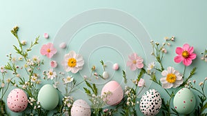Pastel background with Easter eggs and flowers for a springthemed ad, with copy space photo
