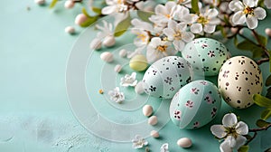 Pastel background with Easter eggs and flowers for a springthemed ad, with copy space photo
