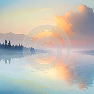 Pastel background of mountains and a lake