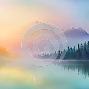 Pastel background of mountains and a lake