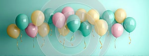 Pastel balloons on mint background Banner design with copy space