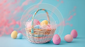 A pastel basket is full of colorful pastel Easter eggs on a pink and blue blurred background with blank space for text. Realistic