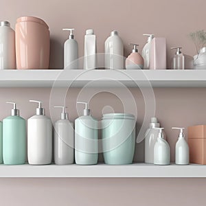 Pastel Beauty Haven: Bathroom Shelf with Assorted Cosmetic and Body Care Products Mockup Generative AI