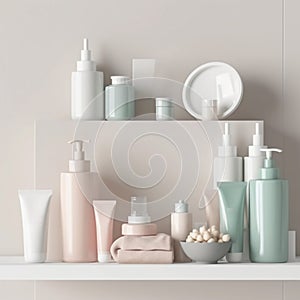 Pastel Beauty Haven: Bathroom Shelf with Assorted Cosmetic and Body Care Products. Mockup Generative AI