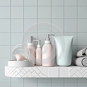 Pastel Beauty Haven: Bathroom Shelf with Assorted Cosmetic and Body Care Products Mockup Generative AI