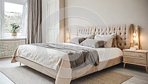 Pastel beige and grey bedding on bed. Minimalist, french country interior design of modern bedroom