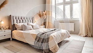 Pastel beige and grey bedding on bed. Minimalist, french country interior design of modern bedroom