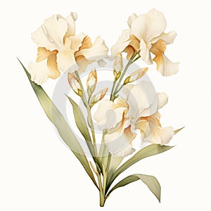 Pastel Beige Iris Eucalyptus Watercolor Illustration On White Background