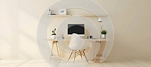 pastel beige minimalist office table, light color interior