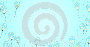 Pastel blue background with balloons full of daisies and confetti.