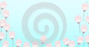 Pastel blue background with pink balloons full of daisies and confetti.