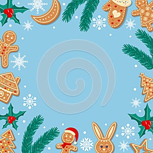 Pastel blue background with snowflakes, gingerbreads, holly and fir twigs.