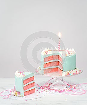 Pastel Blue Birthday Cake with Pink Layers