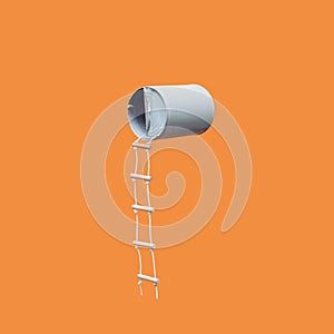 Pastel blue can with attached ladder on a bright orange background. Minimalistic concept. Square