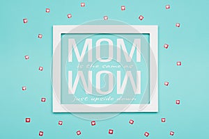 Pastel Blue Candy Colour flat lay minimal concept.Happy Mother`s Day Background.