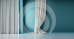 Pastel blue empty wall in room with silk curtain drapes. Template for product presentation