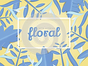 Pastel blue leaves flat lay on yellow background, paper art/paper cutting style