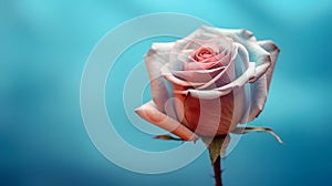 Pastel blue red rose blossom macro on soft colored paper background
