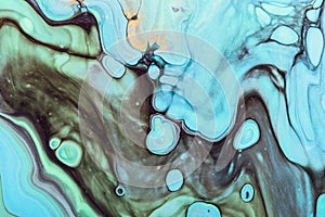 Pastel blue spots and mint waves. Acrylic Fluid Art. Abstract stone background or texture
