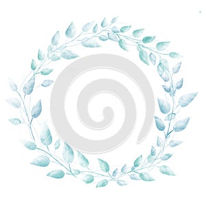 Pastel blue watercolor leaves wreath. Subtle hand photo