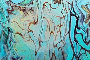 Pastel blue waves and gold sparkles. Acrylic Fluid Art. Abstract stone background or texture