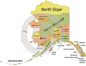 Pastel boroughs and census areas map of Alaska, USA