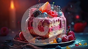 Pastel cake on plate decorated with flowers and berries