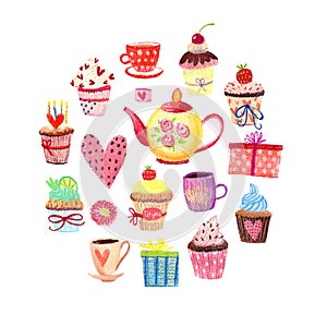 Pastel card with cakes and teapot