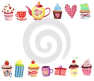 Pastel card with cakes and teapot