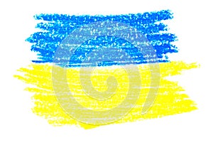 Pastel chalk hand drawn flag of Ukraine. Yellow and blue strokes of paint on white isolated background