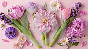 Pastel cherry blossoms, peonies, lilies backdrop evoking fragility and beauty with airy pattern. photo