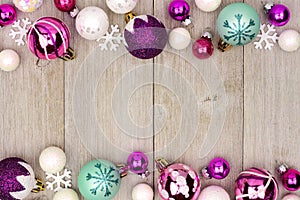 Pastel Christmas bauble double border on rustic white wood