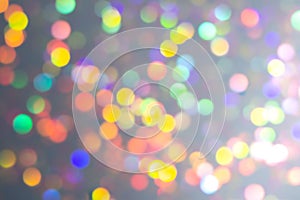 Pastel christmas bokeh light backdrop. Blurry holographic background. Bright rainbow neon abstract clipart