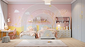 pastel color Baby girl children's bedrooms background. bedroom with double bulk bed. Generative AI