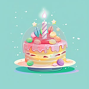 pastel color birthday cake with lighting candles water color painted style illustration