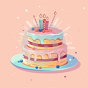 pastel color birthday cake with lighting candles water color painted style illustration