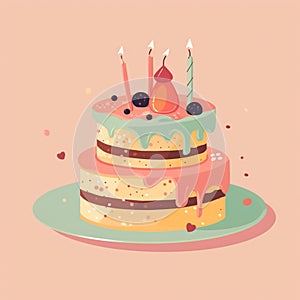 pastel color birthday cake with lighting candles water color painted style illustration