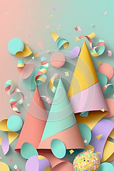 Pastel color birthday caps on a pastel background, vertical. Generative AI