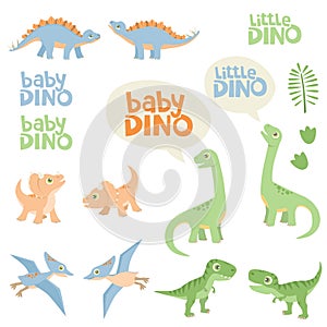 Pastel Color Cute Baby Dino Design Set Vector Illustration Isolated on White