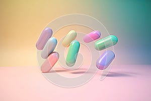 Pastel color medicine pills levitating background