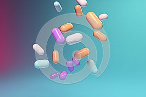 Pastel color medicine pills levitating background